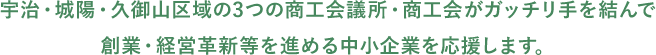 宇治・城陽・久御山区域の3つの商工会議所・商工会がガッチリ手を結んで 創業・経営革新等を進める中小企業を応援します。